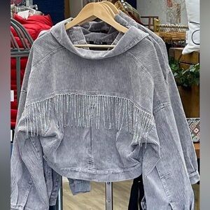Light grey corduroy crop jacket faux diamond fringe